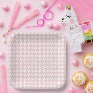 Assiettes En Carton Pink Pastel Houndstooth Baby Girl Plaques en papie