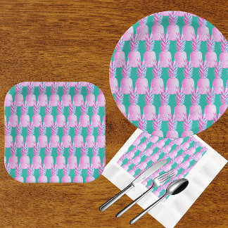 Assiettes En Carton Pink Pineapples Caribbean Blue