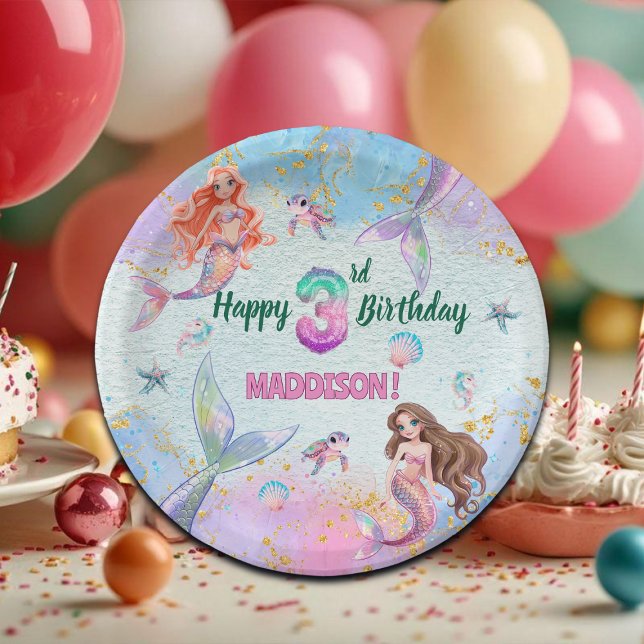 Assiettes En Carton Pink Purple Glitter Mermaids 3rd Birthday Party (Créateur téléchargé)