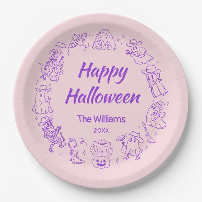 Assiettes En Carton Pink Purple Mains Quirky Tiré Joyeux Halloween (Devant)