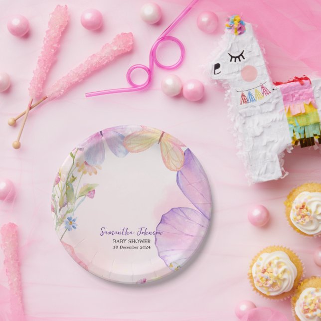 Assiettes En Carton Pink Purple Oh Baby Butterfly Baby shower (Fête)