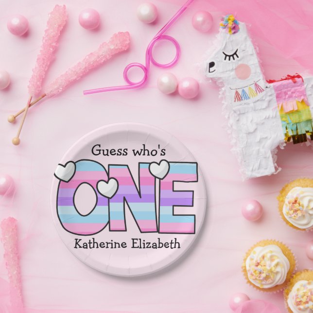 Assiettes En Carton Pink Purple Ombre Grille Coeurs Premier anniversai (Fête)