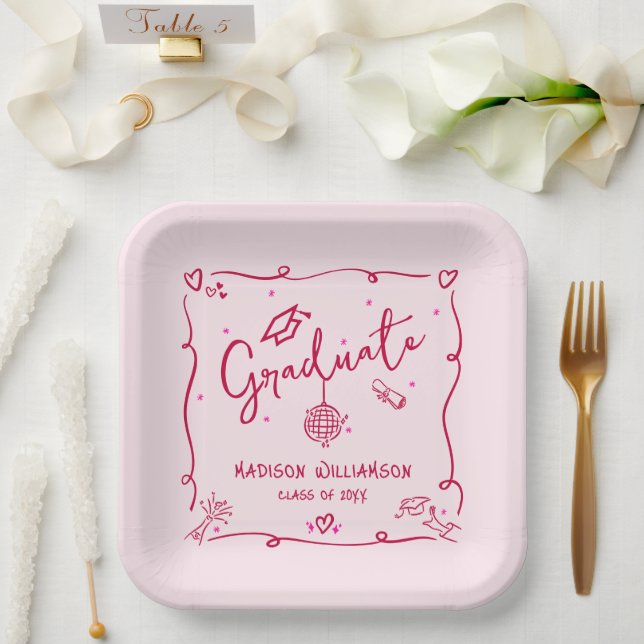 Assiettes En Carton Pink Red Hand Drawn Doodles Style Graduation Retro (Mariage)