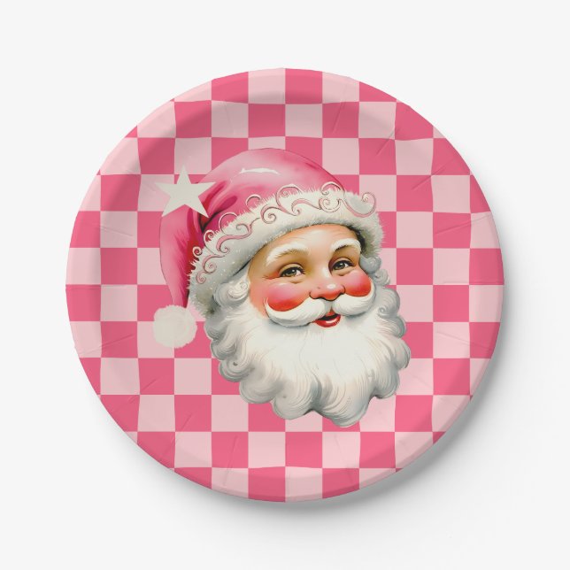 Assiettes En Carton Pink Retro Santa Claus Pink Tartan Plaid Noël (Devant)