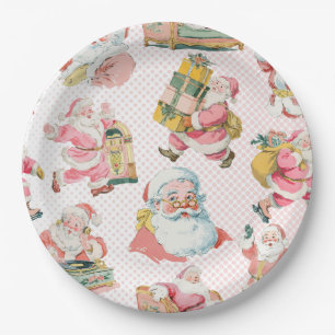 Assiettes En Carton Pink Retro Santa Claus Thème, Noël