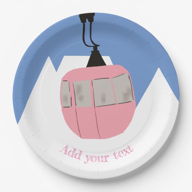 Assiettes En Carton Pink Retro Ski Ascenseur Ski Snow Mountain (Devant)