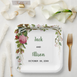 Assiettes En Carton Pink Rose Minimum Floral Green Leaf