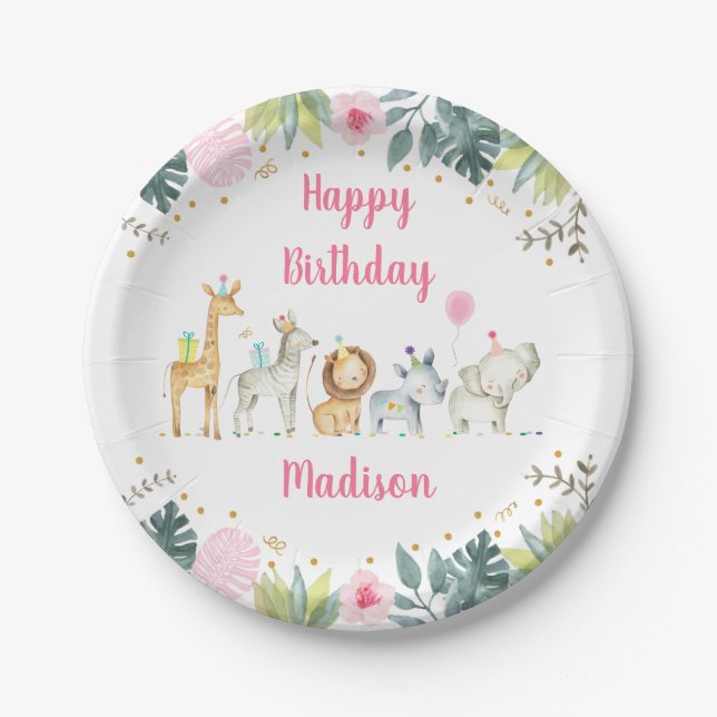 Assiettes En Carton Pink Safari Jungle Party Animal Anniversaire (Devant)