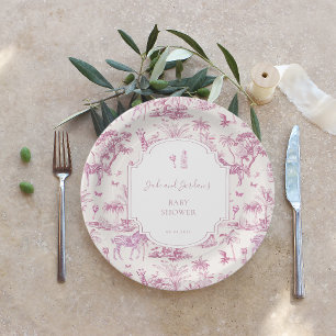 Assiettes En Carton Pink Safari Toile de Jouy Baby Shower