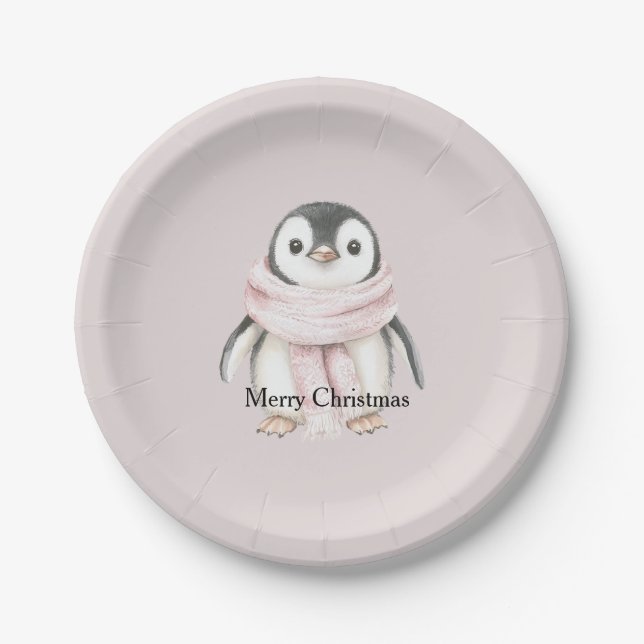 Assiettes En Carton Pink Scarf Penguin Christmas (Devant)