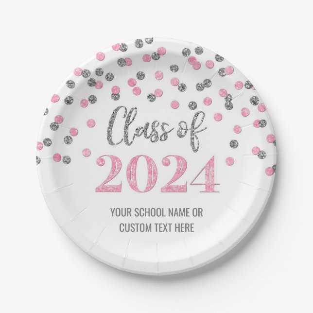 Assiettes En Carton Pink Silver Confetti Graduation 2024 (Devant)