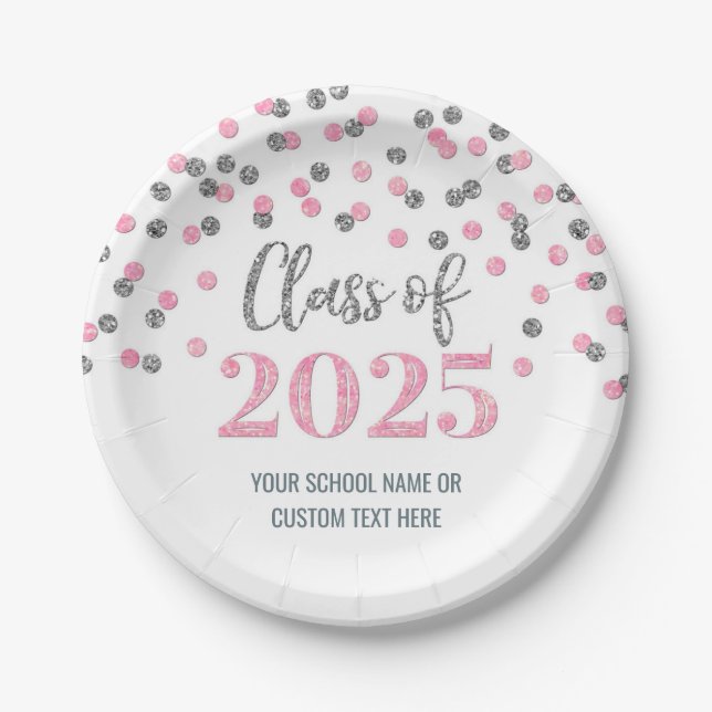 Assiettes En Carton Pink Silver Confetti Graduation 2025 (Devant)