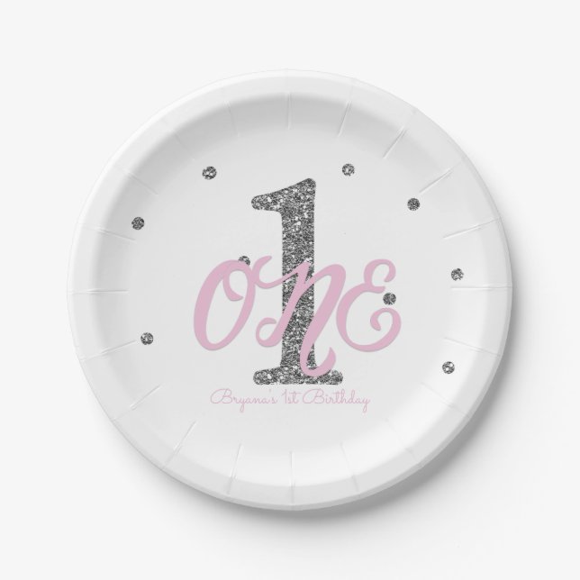 Assiettes En Carton Pink & Silver Girls ONE 1er anniversaire (Devant)