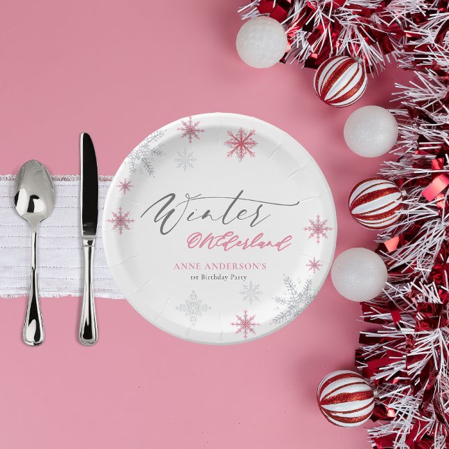 Assiettes En Carton Pink Silver Winter Snowflakes 1st Birthday  (Créateur téléchargé)