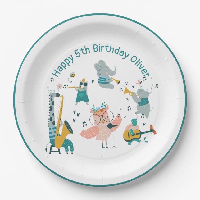 Assiettes En Carton Pink Songbird avec Animal Band Anniversaire (Devant)