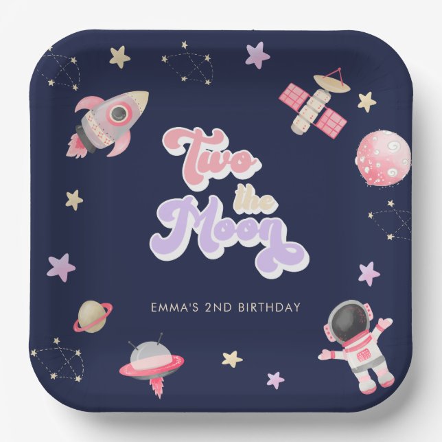 Assiettes En Carton Pink Space Two Moon Anniversaire (Recto)