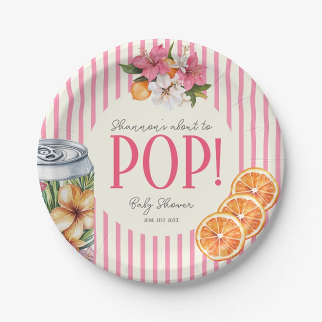 Assiettes En Carton Pink Stripe Citrus POP Baby Shower Plates (Devant)