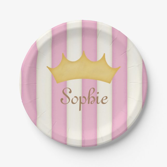 Assiettes En Carton Pink Stripes Nom personnalisé Princess Crown Pape (Devant)