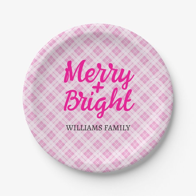 Assiettes En Carton Pink tartan Christmas Merry Bright Family name (Devant)