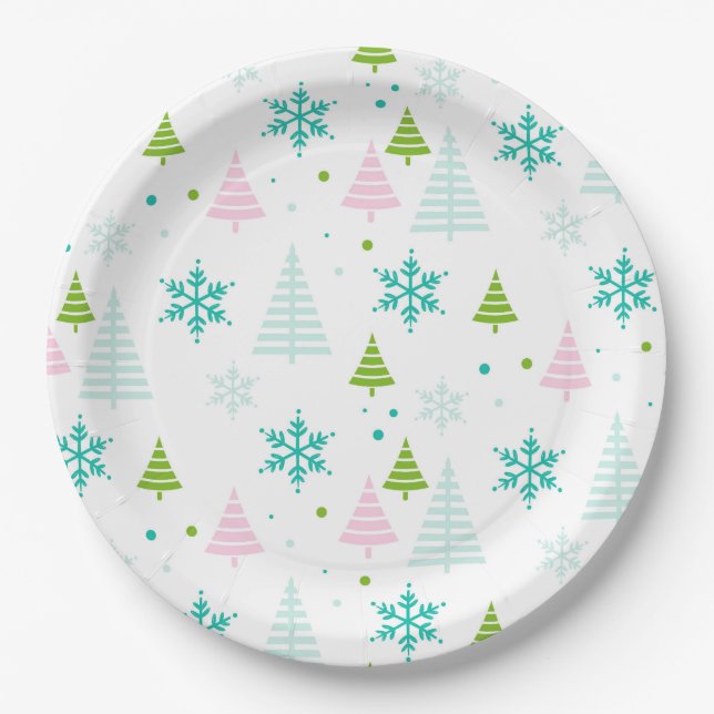 Assiettes En Carton Pink Teal Green Trees Modern Christmas  (Devant)