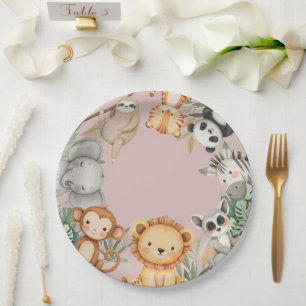 Assiettes En Carton Pink Tropical Wild One Jungle Safari Animaux