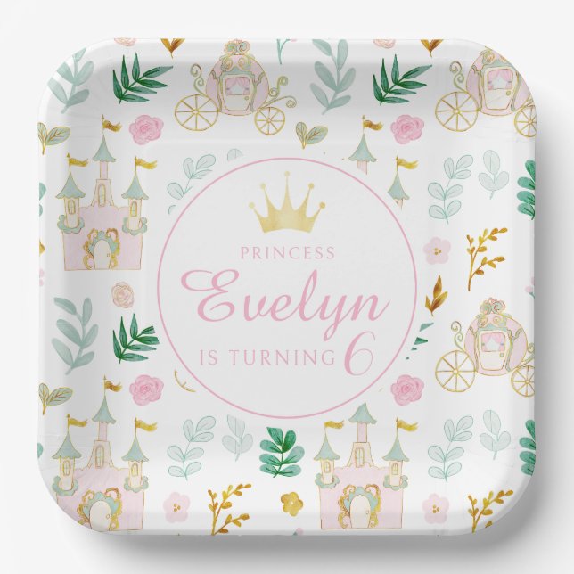 Assiettes En Carton Pink turquoise or petite princesse fille anniversa (Recto)