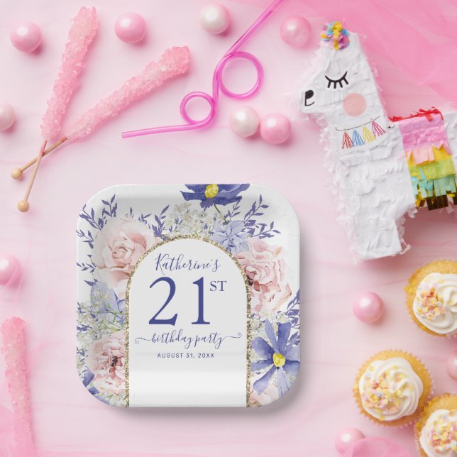 Assiettes En Carton Pink violet Floral God Frame 21e fête d'anniversai (Fête)