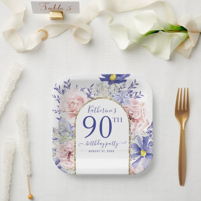 Assiettes En Carton Pink violet Floral God Frame 90e fête d'anniversai (Mariage)
