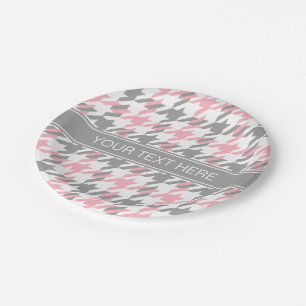 Assiettes En Carton Pink White Dk Gray Houndstooth Nom Monogram