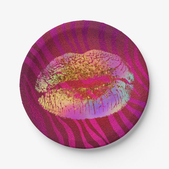 Assiettes En Carton Pink Zebra Print Rainbow Gold Parties scintillant  (Devant)