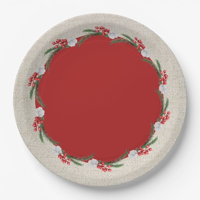 Assiettes En Carton Pins Berries et Fleurs Noël (Devant)