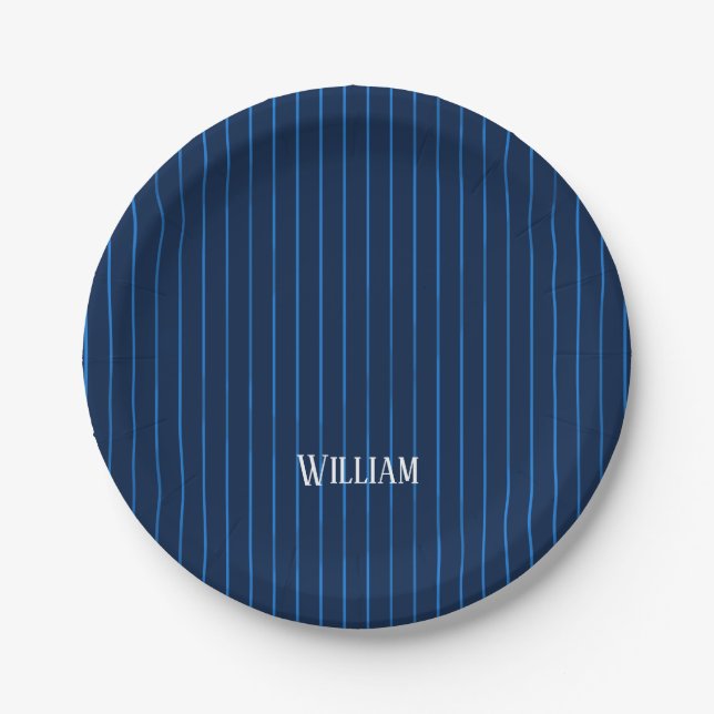 Assiettes En Carton Pinstripes bleu marine personnalisées (Devant)