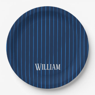 Assiettes En Carton Pinstripes bleu marine personnalisées