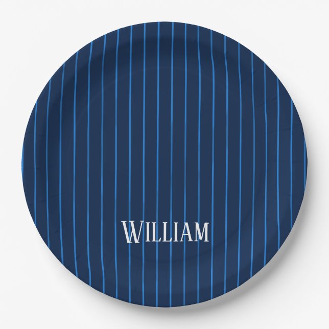Assiettes En Carton Pinstripes bleu marine personnalisées (Devant)