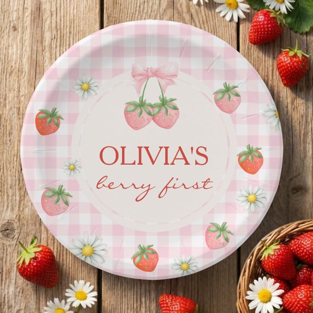 Assiettes En Carton Pique-nique Berry First au carré de fraises (Berry 1st Birthday Strawberry Paper Plate)