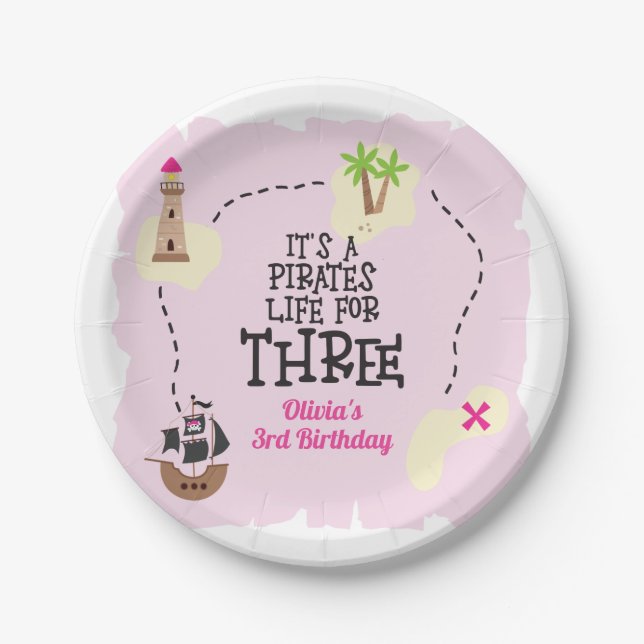 Assiettes En Carton Pirate life for THREE me Rose Birthday (Devant)