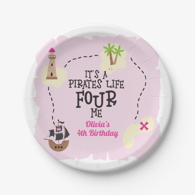 Assiettes En Carton Pirate life FOUR me rose Anniversaire (Devant)