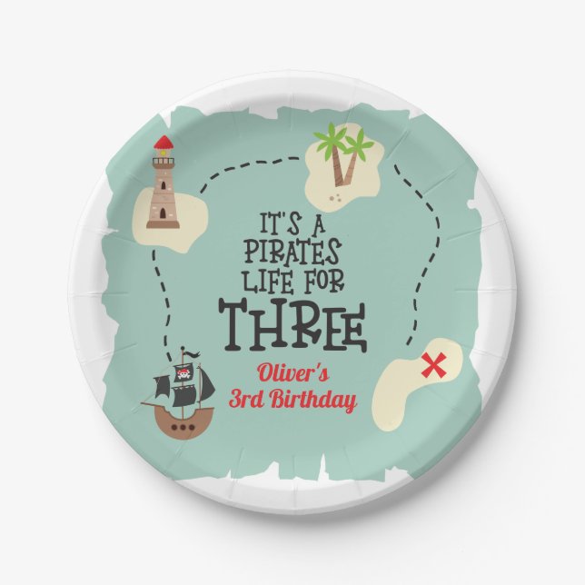 Assiettes En Carton Pirate life pour TROIS 3e anniversaire (Devant)
