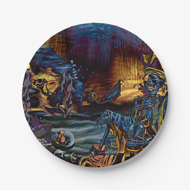 Assiettes En Carton Pirate Skeleton Treasure Under the Sea Comic Art (Devant)