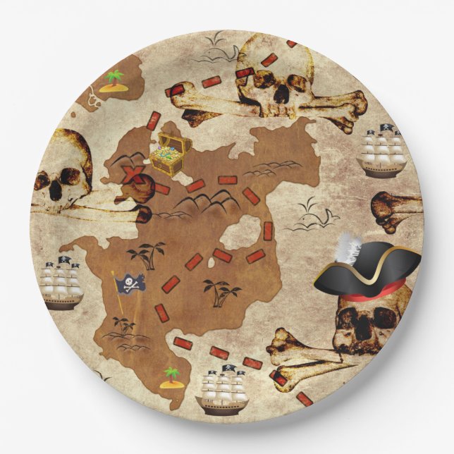 Assiettes En Carton Pirate Skull & Bones Treasure Map (Devant)