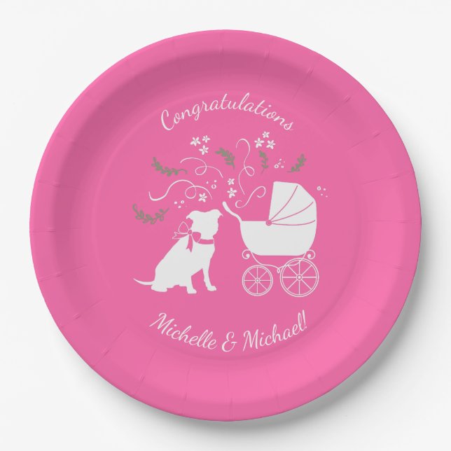 Assiettes En Carton Pit Bull Chien Baby shower rose fille Pitbull (Devant)
