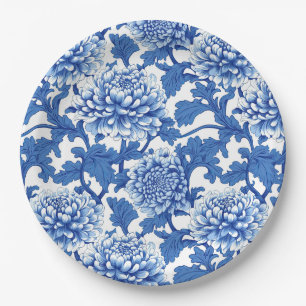 Assiettes En Carton Pivoine bleue et blanche, floral chinois