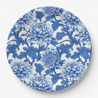 Assiettes En Carton Pivoine bleue et blanche, floral chinois