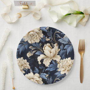 Assiettes En Carton Pivoine florale bleue et crème