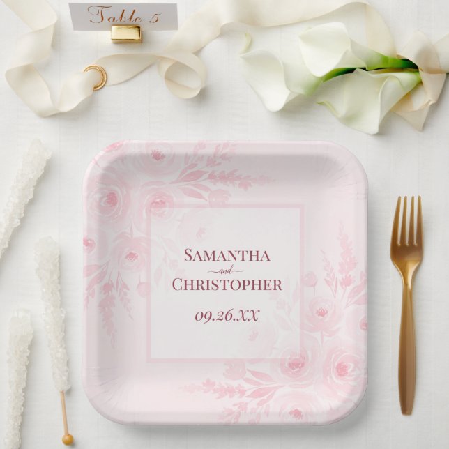 Assiettes En Carton Pivoines Roses Rustiques Élégant Mariage Bohème (Mariage)