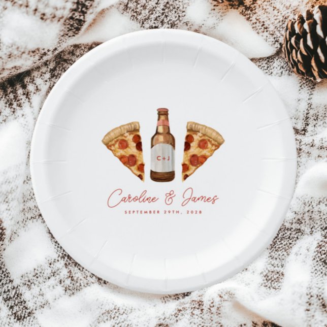 Assiettes En Carton Pizza & Bière Couples Décontractés Fête des mariée (Créateur téléchargé)