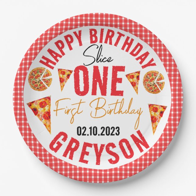 Assiettes En Carton Pizza pour bébés tranche moderne 1er anniversaire (Devant)