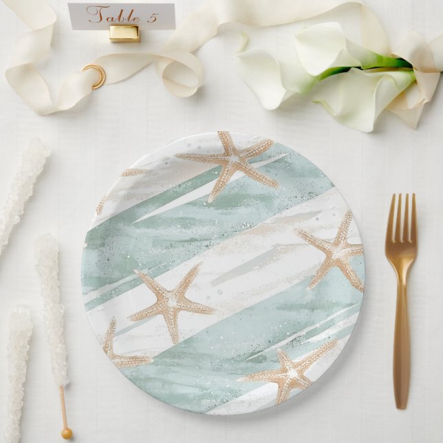 Assiettes En Carton Plage Aqua Mint Starfish Stripes Mariage (Mariage)