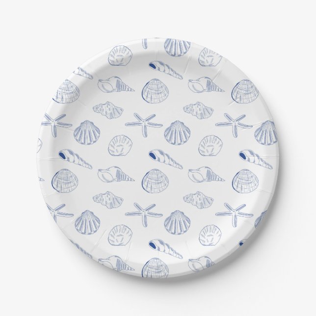 Assiettes En Carton Plage de coquillages Bleus Blancs à la main Été (Devant)