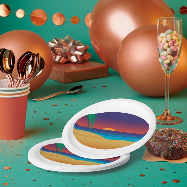 Assiettes En Carton Plage de Sunset Tropical Palm Feuille Ocean Waves (Créateur téléchargé)